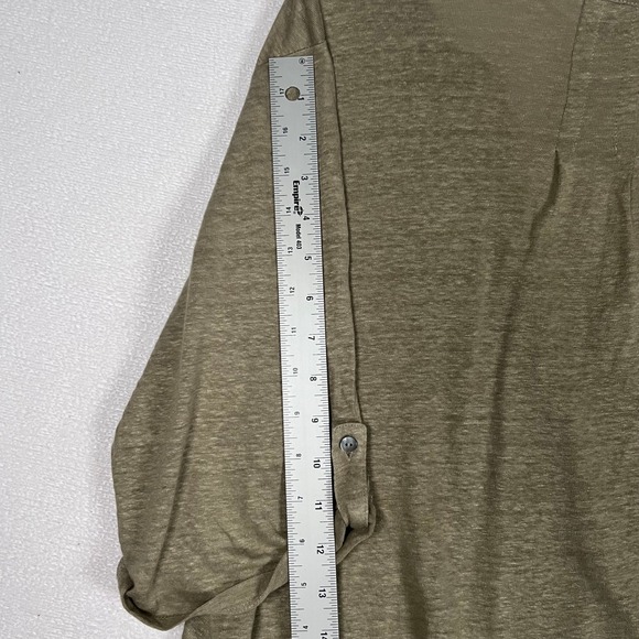WRAP London Linen Tunic US 10 V-Neck 3/4 Sleeve Roll Tab Side Split Olive Sage - Picture 15 of 16